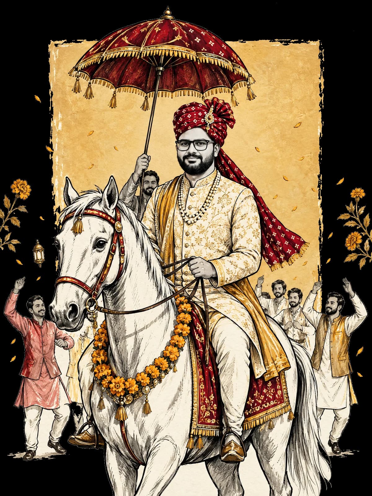 Illustration of Abhinav on a horse at the baraat