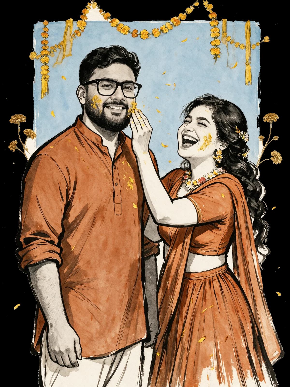 Illustration of Abhinav and Isha at the haldi