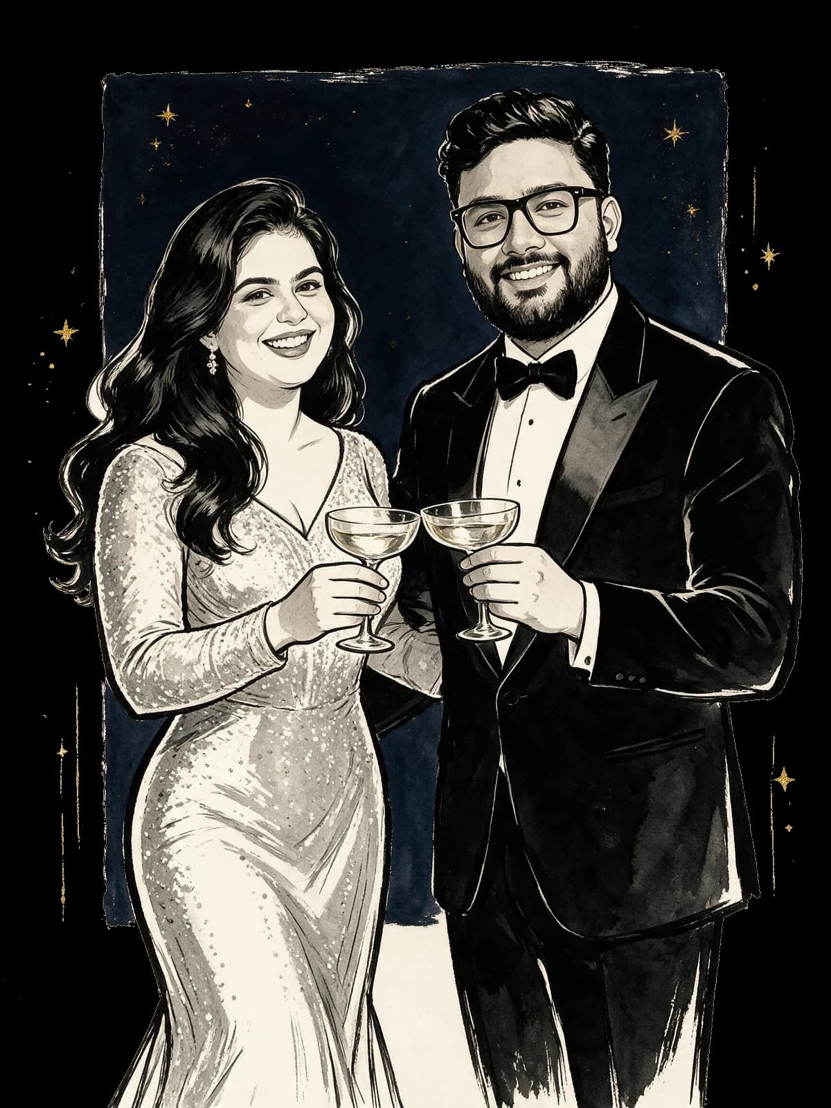 Illustration of Abhinav and Isha at the sangeet