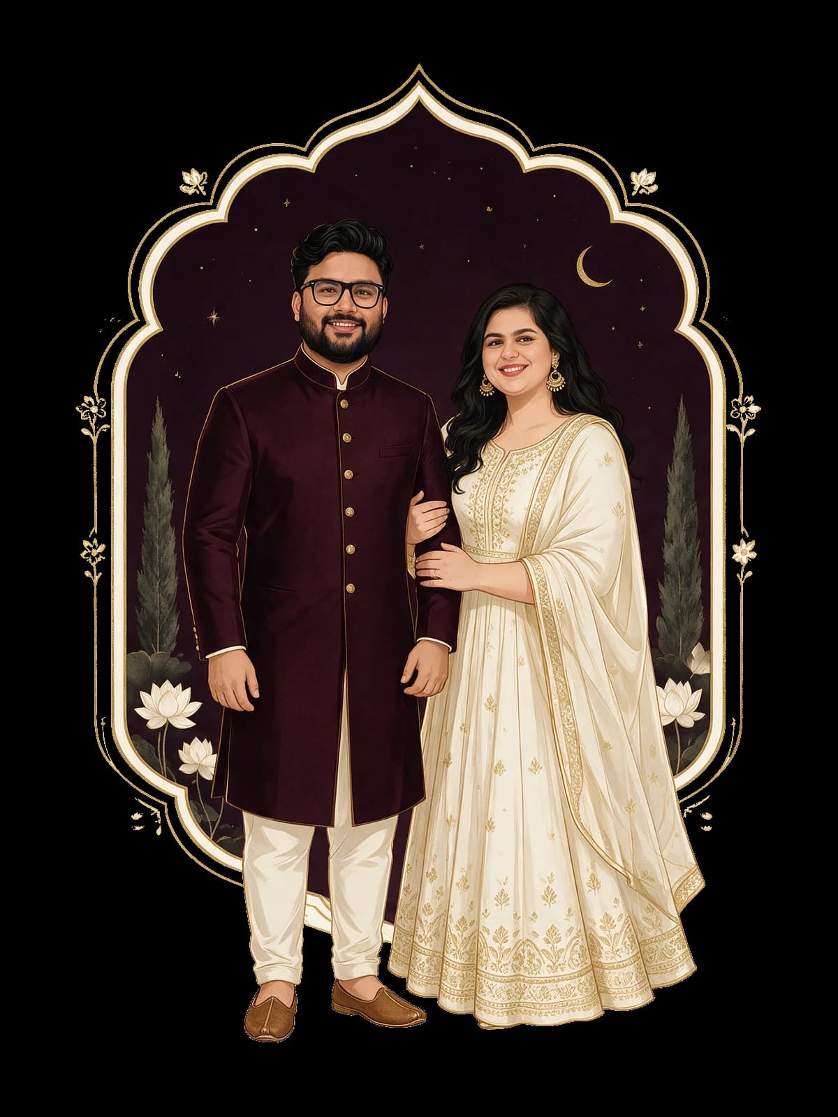 Illustration of Abhinav and Isha under a scalloped arch