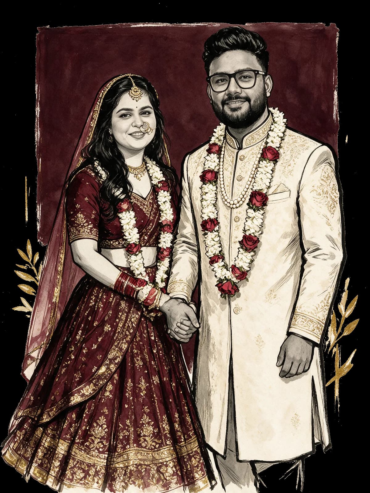 Illustration of Abhinav and Isha at the wedding