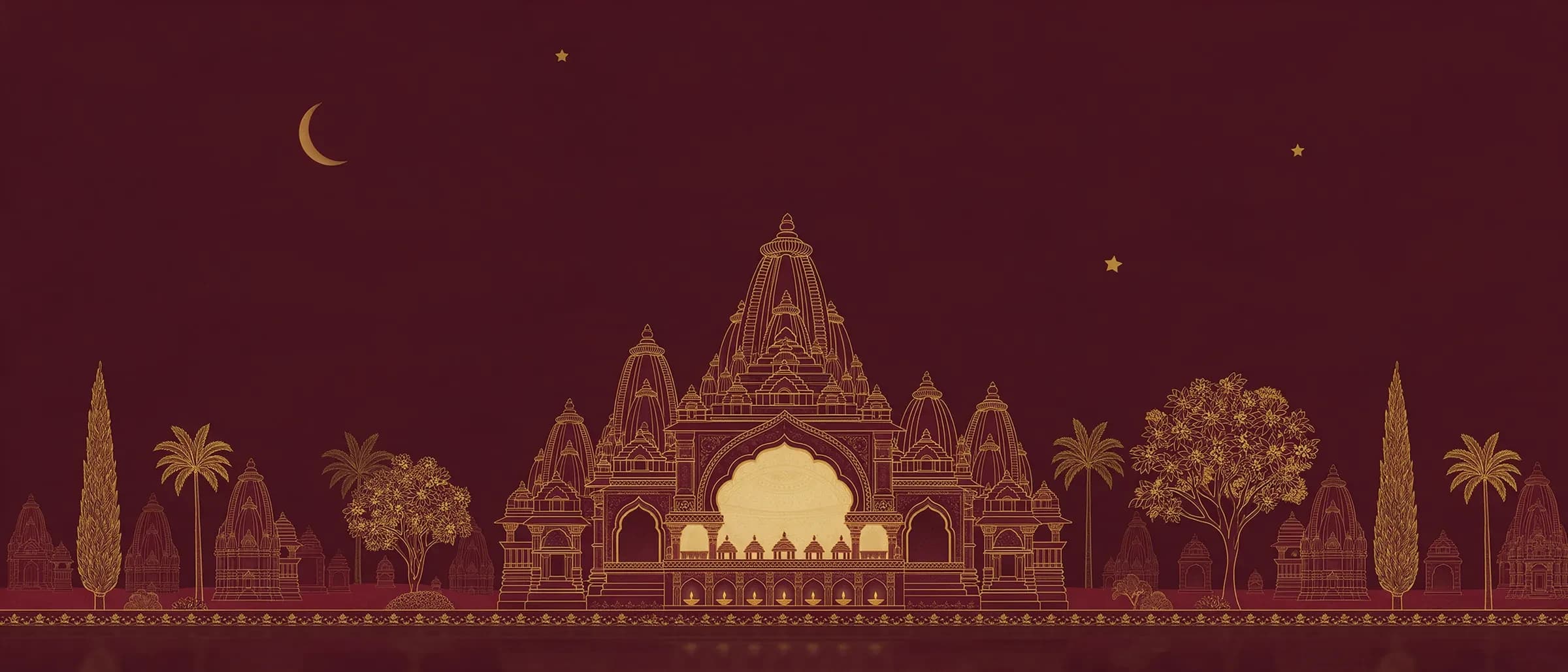 Illustration of the Khajuraho temples at night under a crescent moon